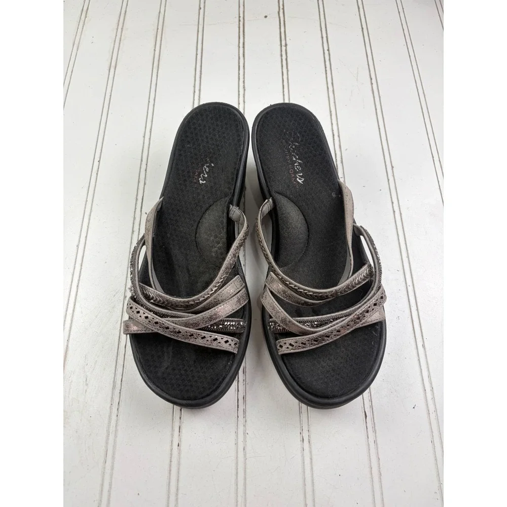 Skechers Rumblers Metallic Strappy Rhinestone Wedge Sandals Women's Size 9